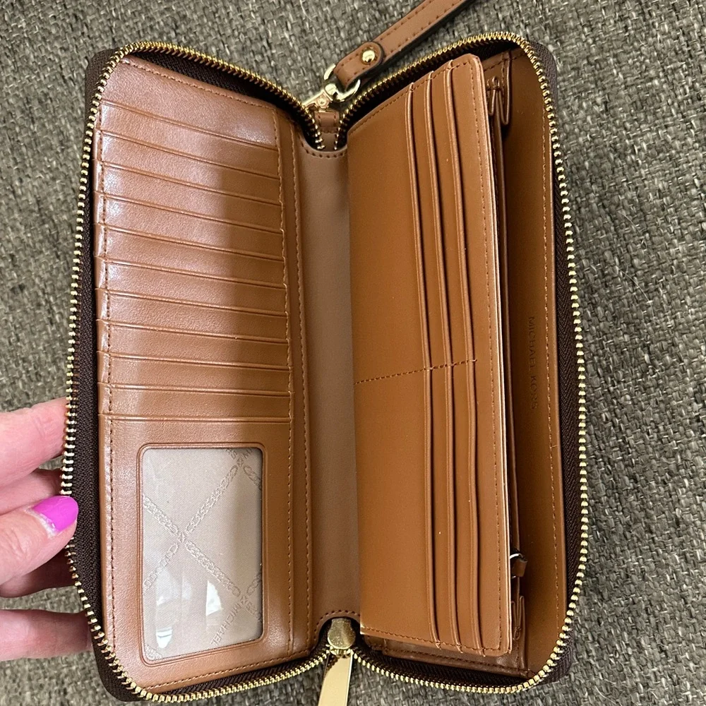 Michael Kors Large Logo Stripe Continental Zip Electric Pink Clutch Wristlet